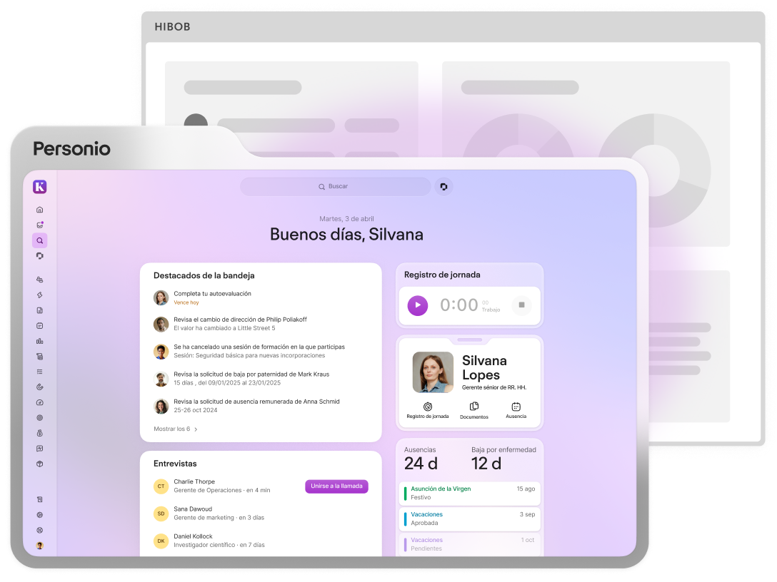 Personio HR software dashboard showing inbox highlights, time tracking, and upcoming interviews for HR Manager Franzi Holz.