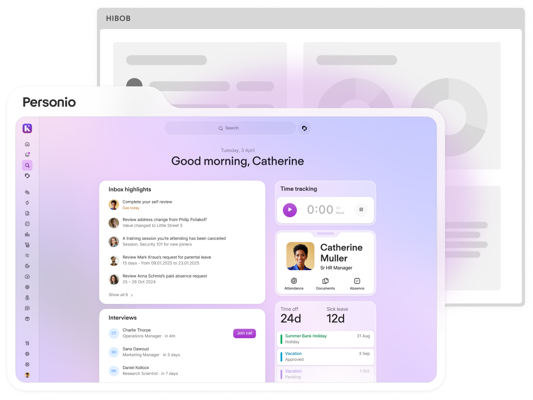 Personio HR software dashboard showing inbox highlights, time tracking, and upcoming interviews for HR Manager Franzi Holz.