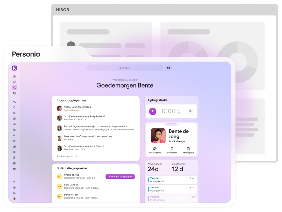 Personio HR-softwareplatform met dashboard voor Bente de Jong, met inbox-meldingen, tijdregistratie en sollicitatiegesprekken.