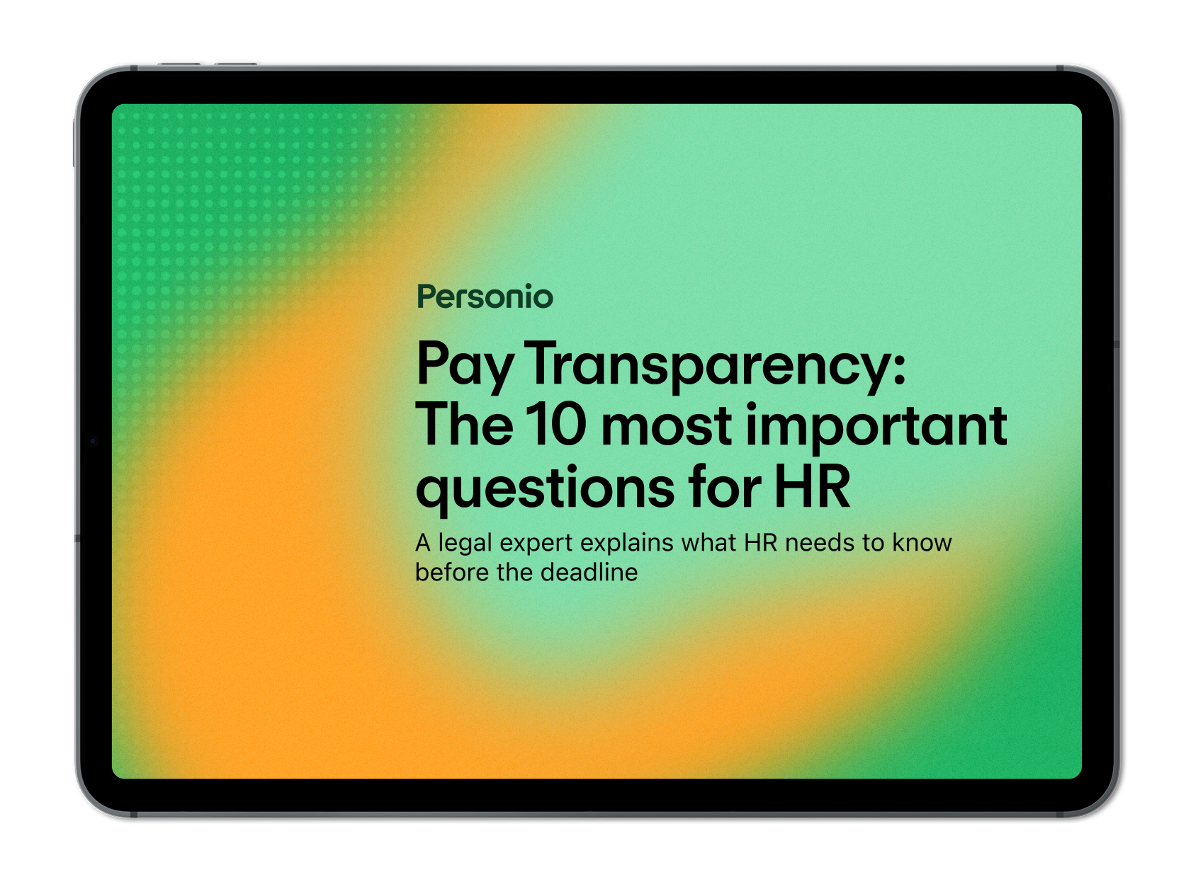 Tablet displaying a Personio guide cover  with German text about the top 10 answers on pay transparency.