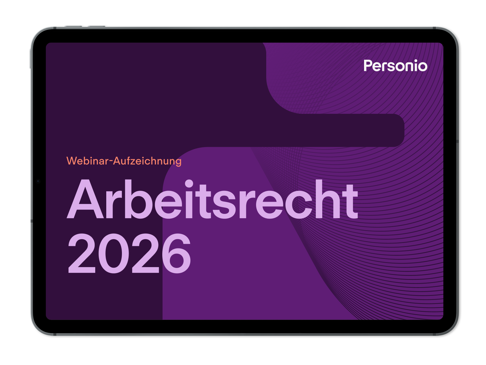 Tablet displaying Personio webinar recording titled "Arbeitsrecht 2026" with purple gradient background and wavy design elements.