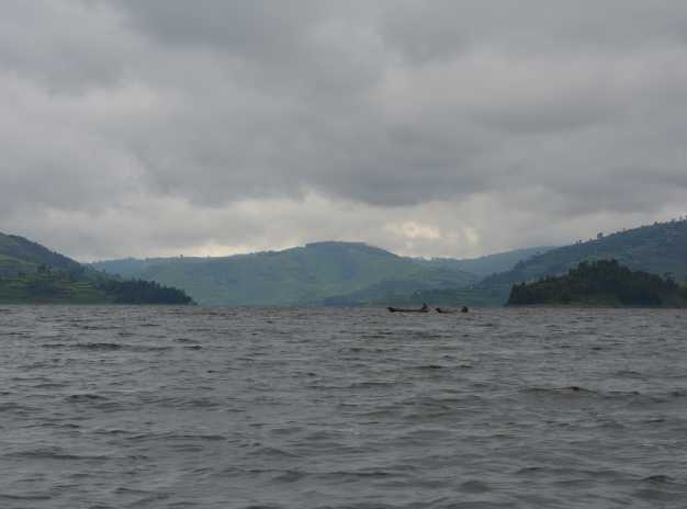 Panoramic view of lake bunyonyi and beautiful soaring mountains of Uganda. 