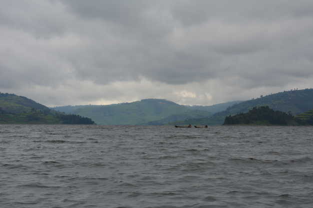 Panoramic view of lake bunyonyi and beautiful soaring mountains of Uganda. 