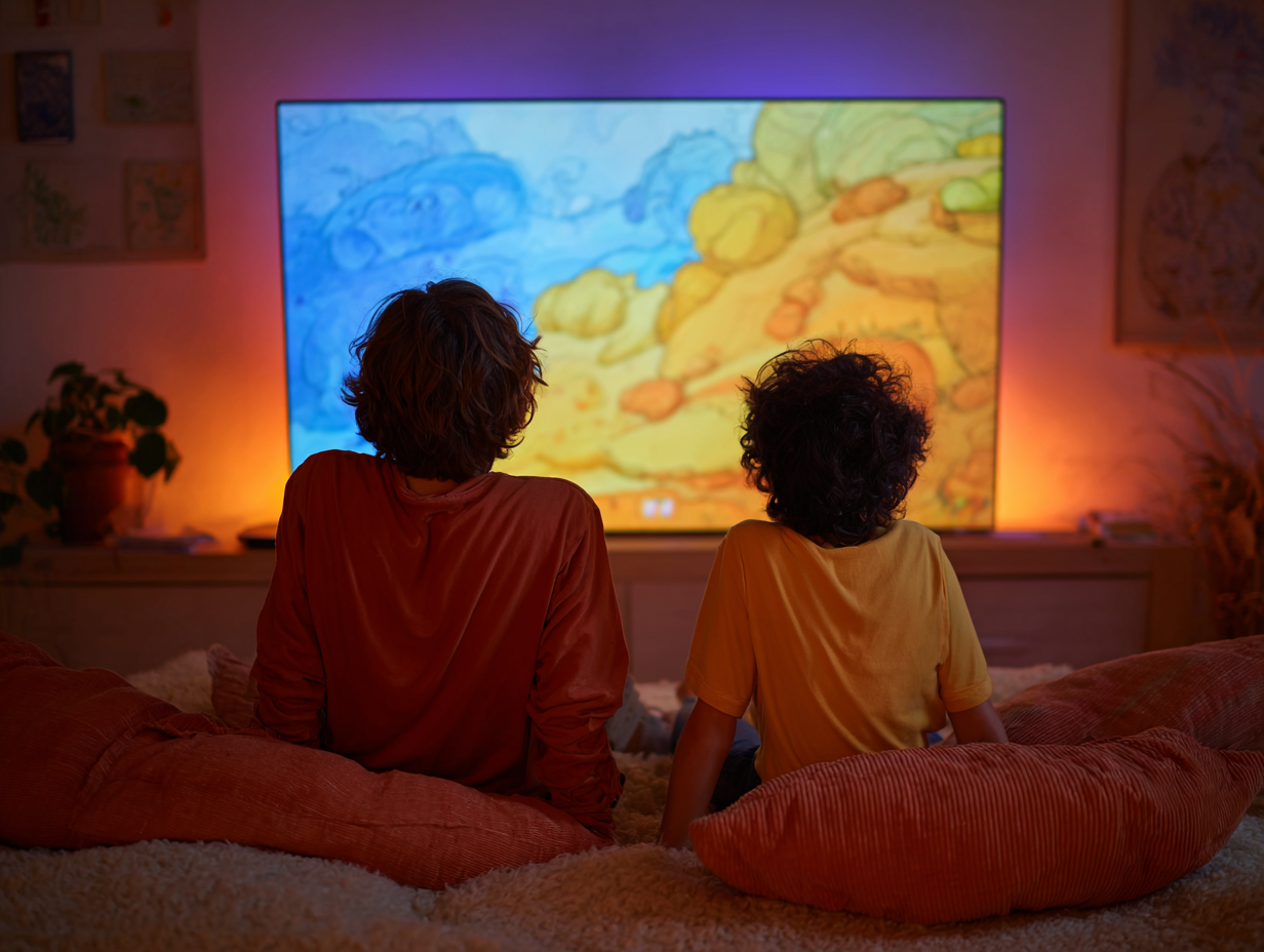 Двоє дітей сидять на дивані спиною до камери й дивляться великий телевізор з яскравим мультфільмом, кімнату підсвічує тепле кольорове підсвічування.