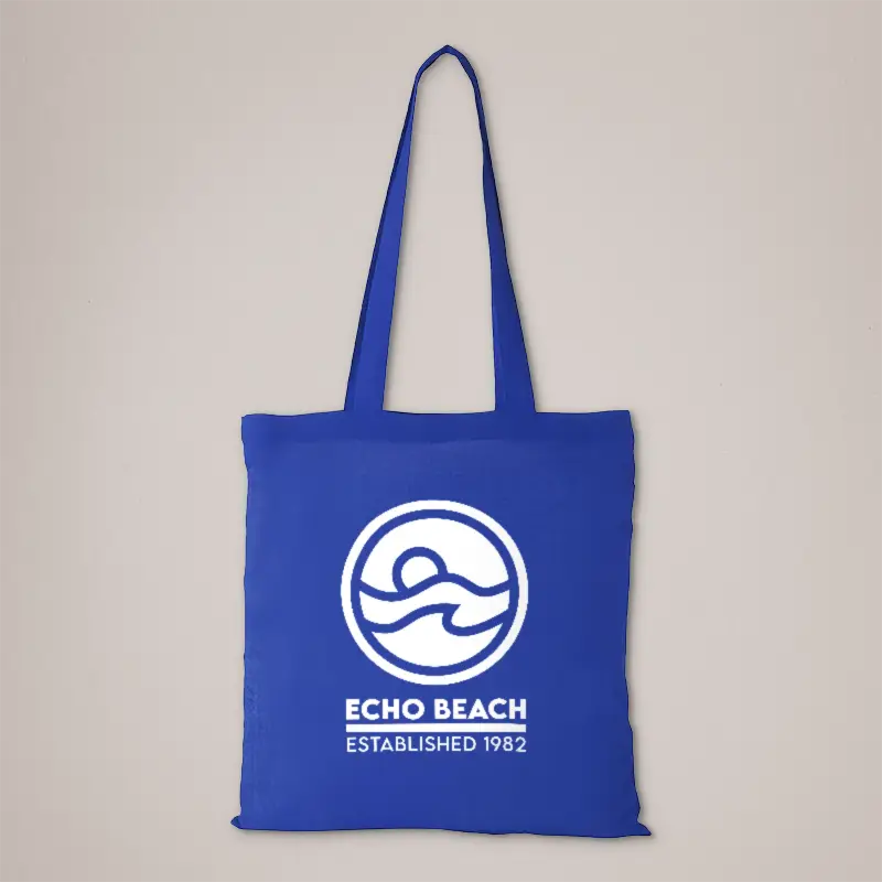 Blue and white custom-printed tote
