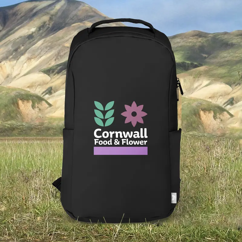 Black custom-printed rucksack