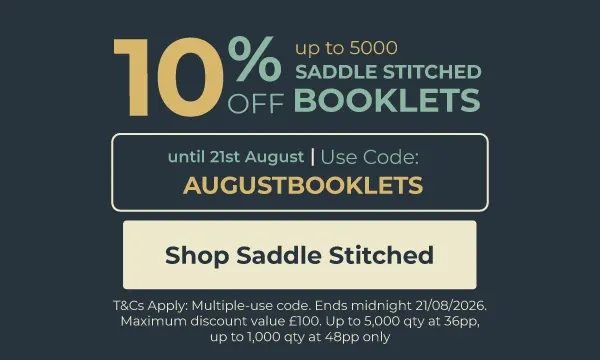 10% off up to 5,000 qty at 36pp, up to 1,000 qty at 48pp saddle stitched booklets