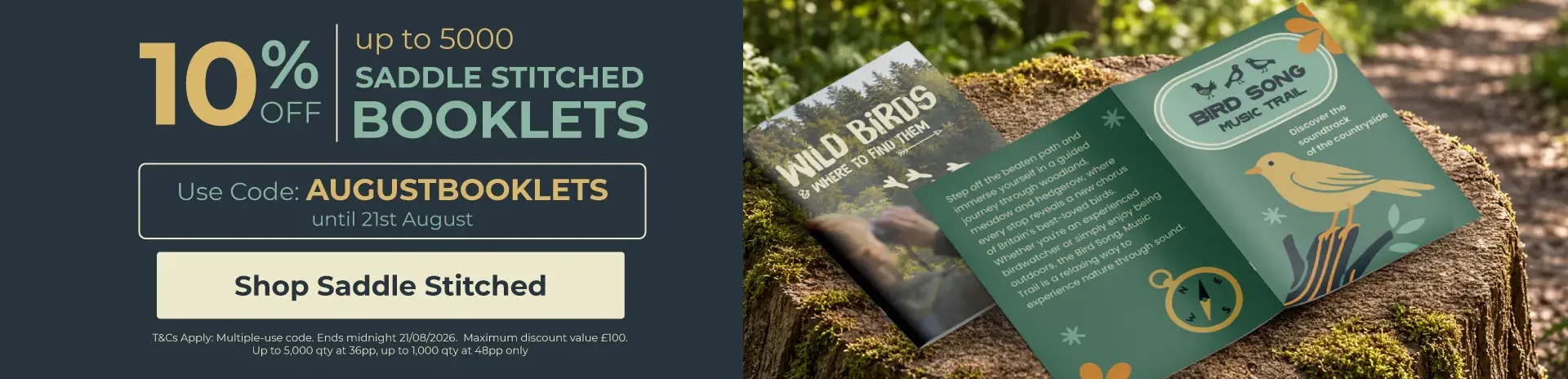 10% off up to 5,000 qty at 36pp, up to 1,000 qty at 48pp saddle stitched booklets