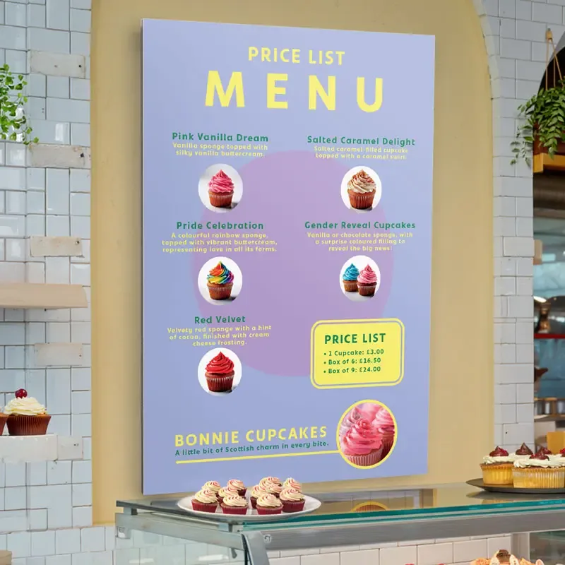 Signs for menus, branding or wayfinding