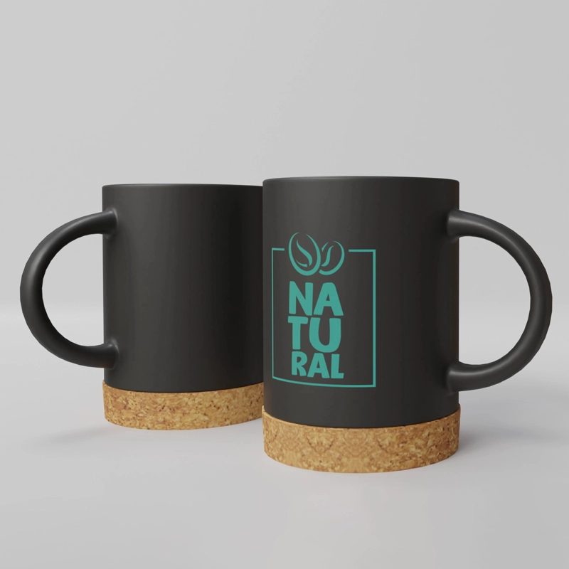 Two cork-based printed mugs