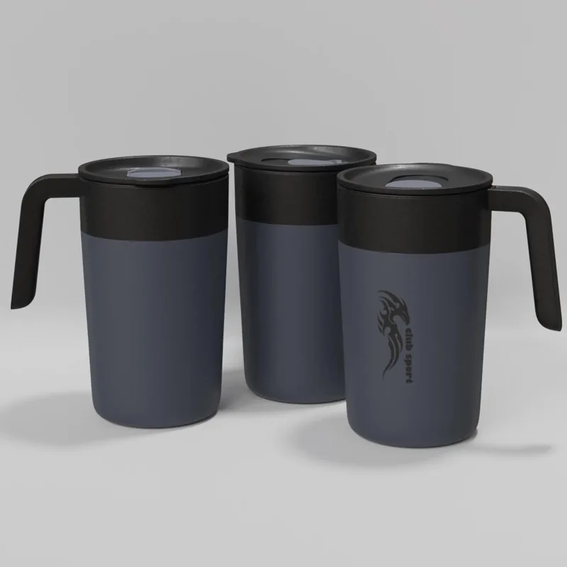 Branded and unbranded grey mugs