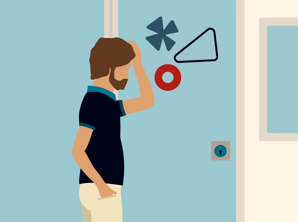 Graphic of Tim standing in front of a door. One of his hands is on his head while the other is reaching into his pants pocket. 