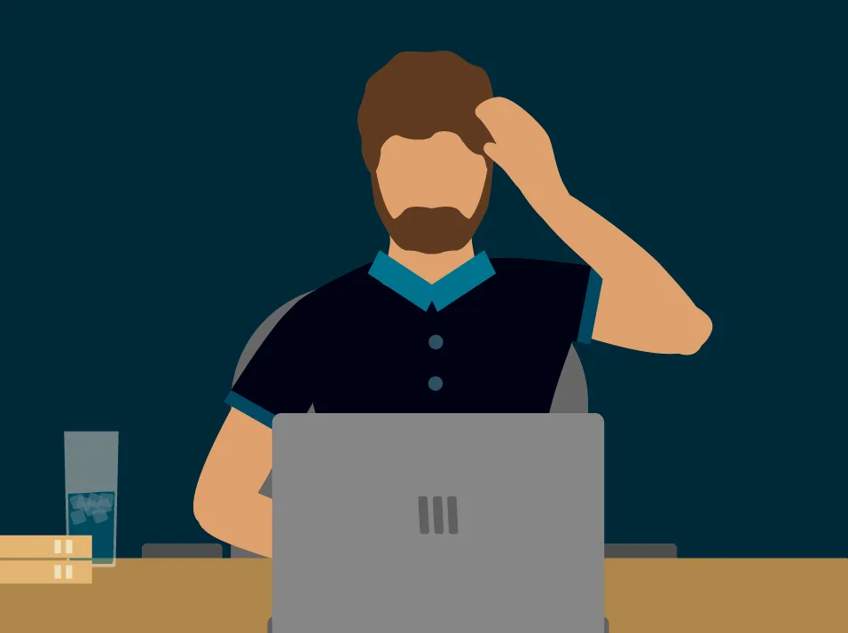 Graphic of Tim sitting at a desk on his laptop. One hand is on his head, the other on his laptop.