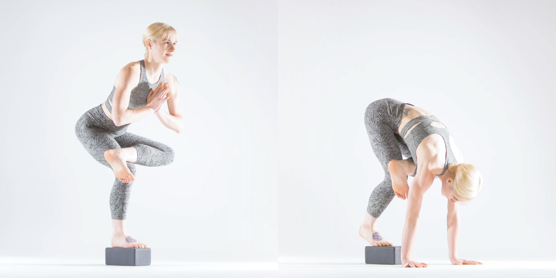 Focused young female in sportswear performing Flying Pigeon pose while  practicing yoga against weathered wall stock photo