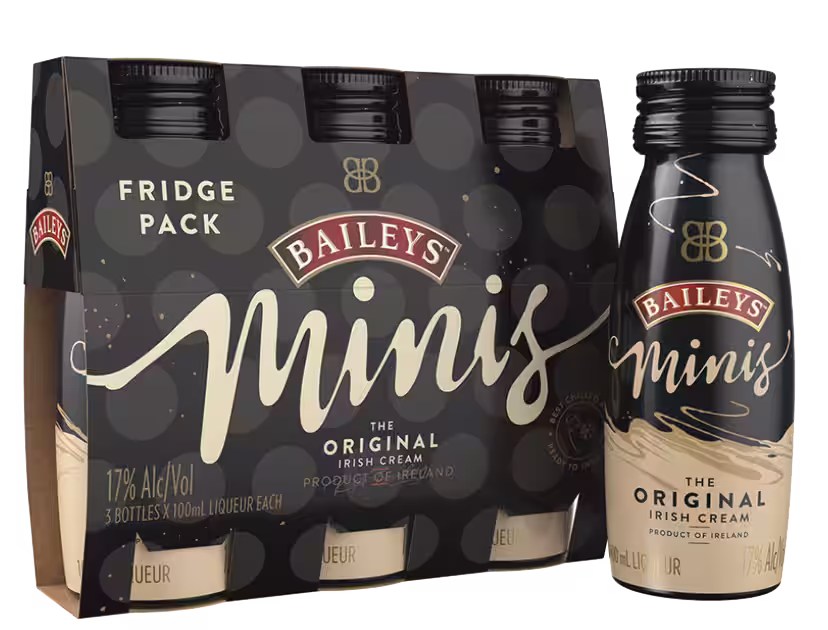 Baileys Minis Fridge Pack with three 100ml bottles of Original Irish Cream liqueur, 17% ABV, designed for chilling and ready-to-enjoy.
