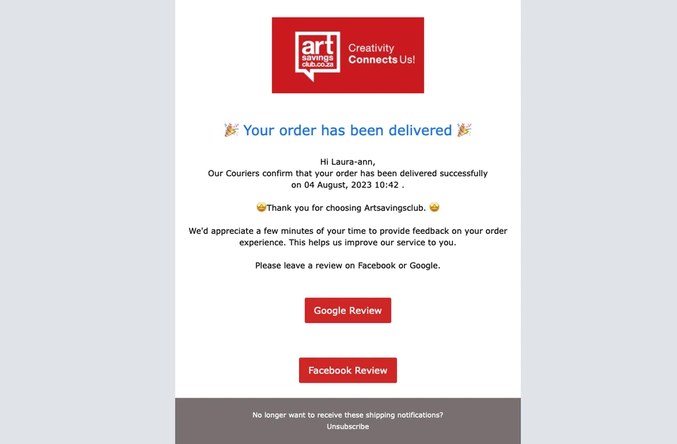 delivery notification email with feedback request from an online art store
