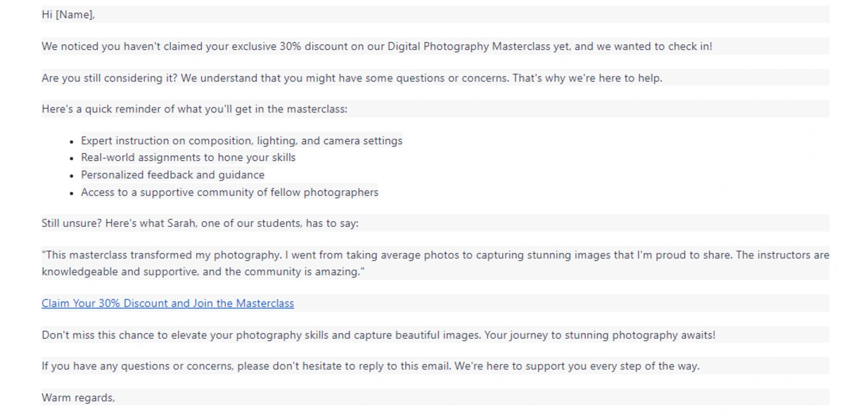 photography course follow up email