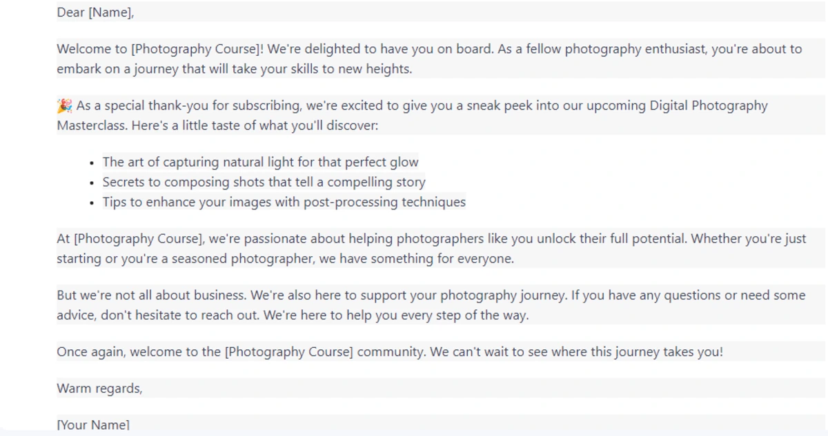 photography course welcome email