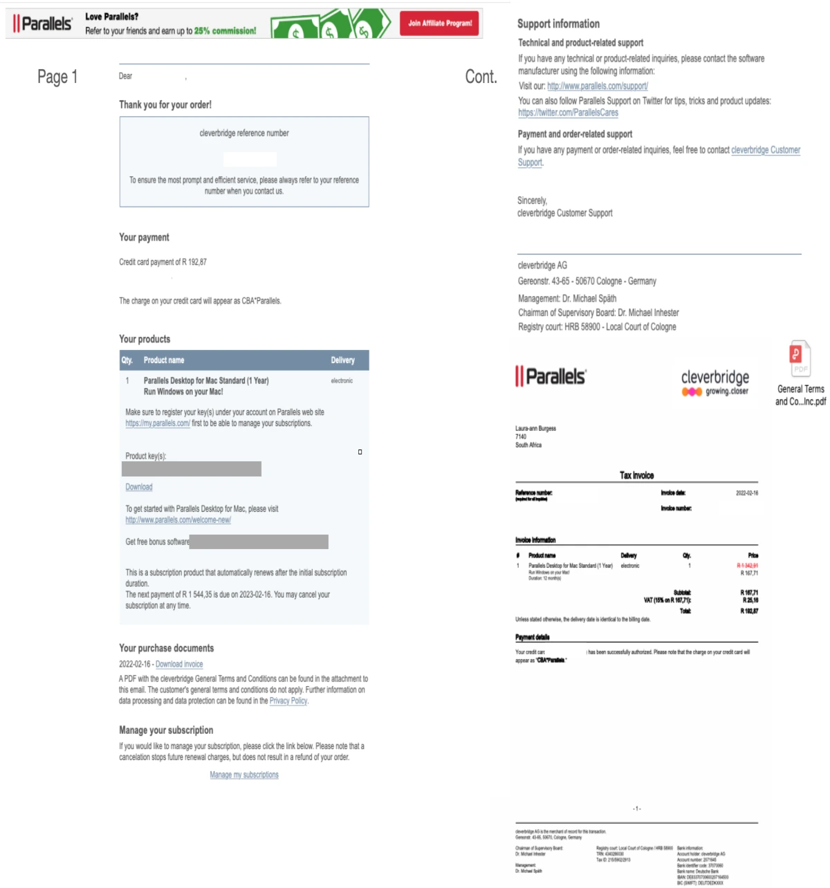 parallels email receipt