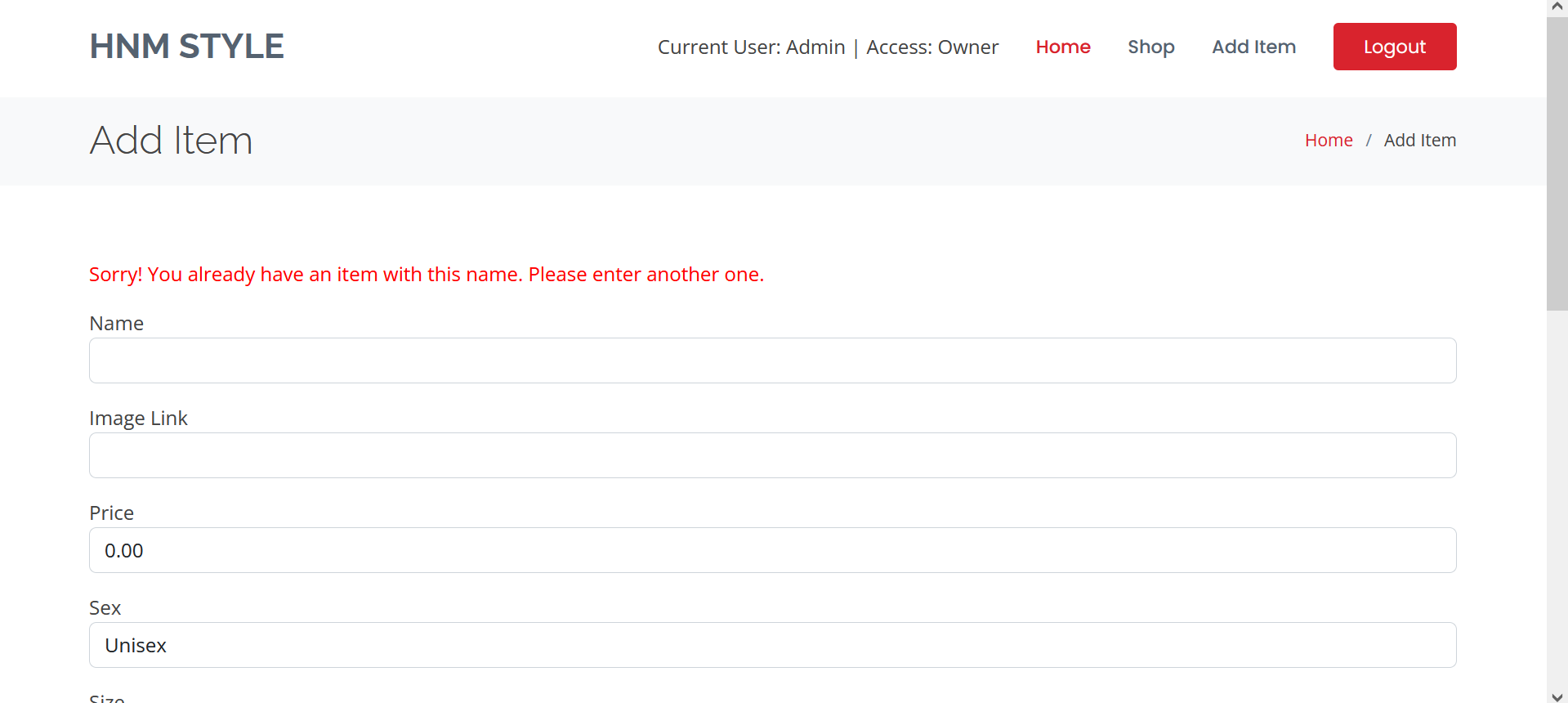 HNM Style - Owner Adding Item That Already Exists
