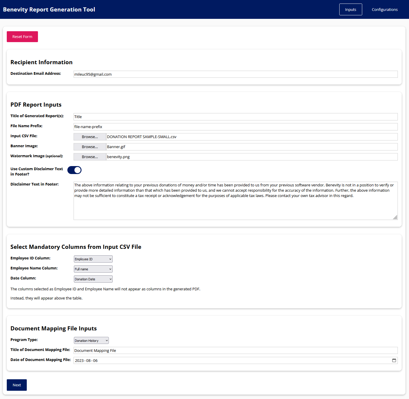 Benevity PDF Generator - Mandatory Column Section for a Local CSV Input File