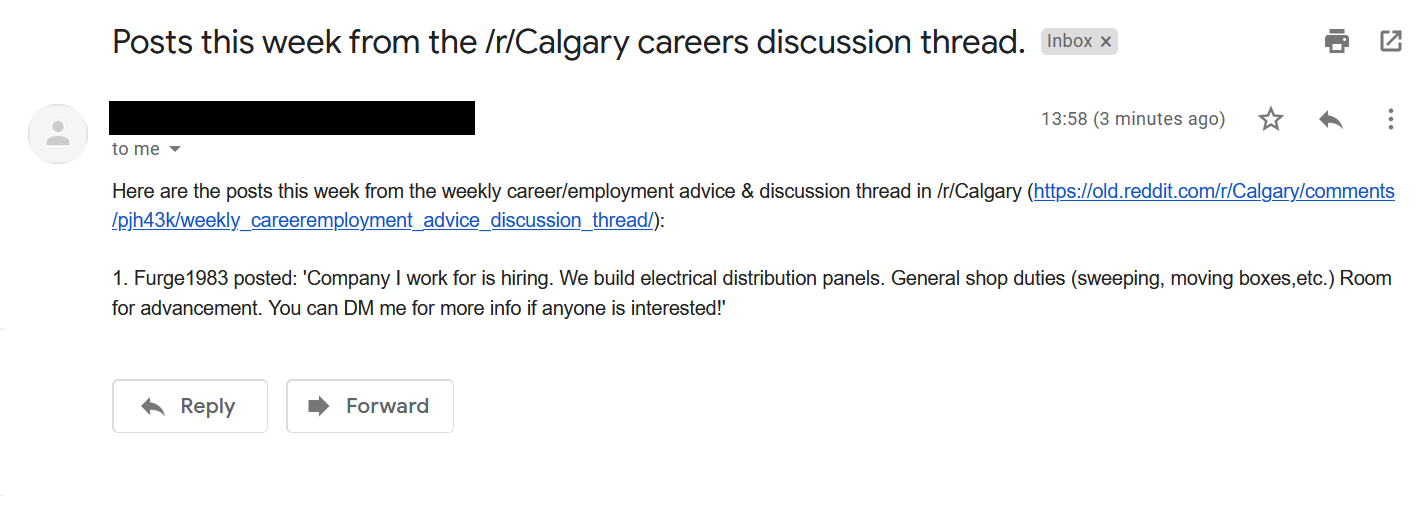 Reddit Careers Bot - Successful Email