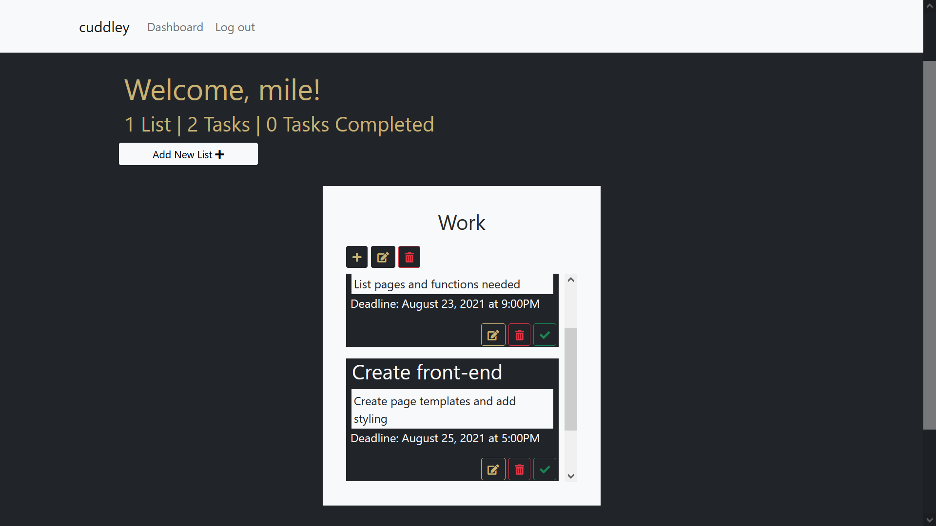 Cuddley Dashboard - Task Added