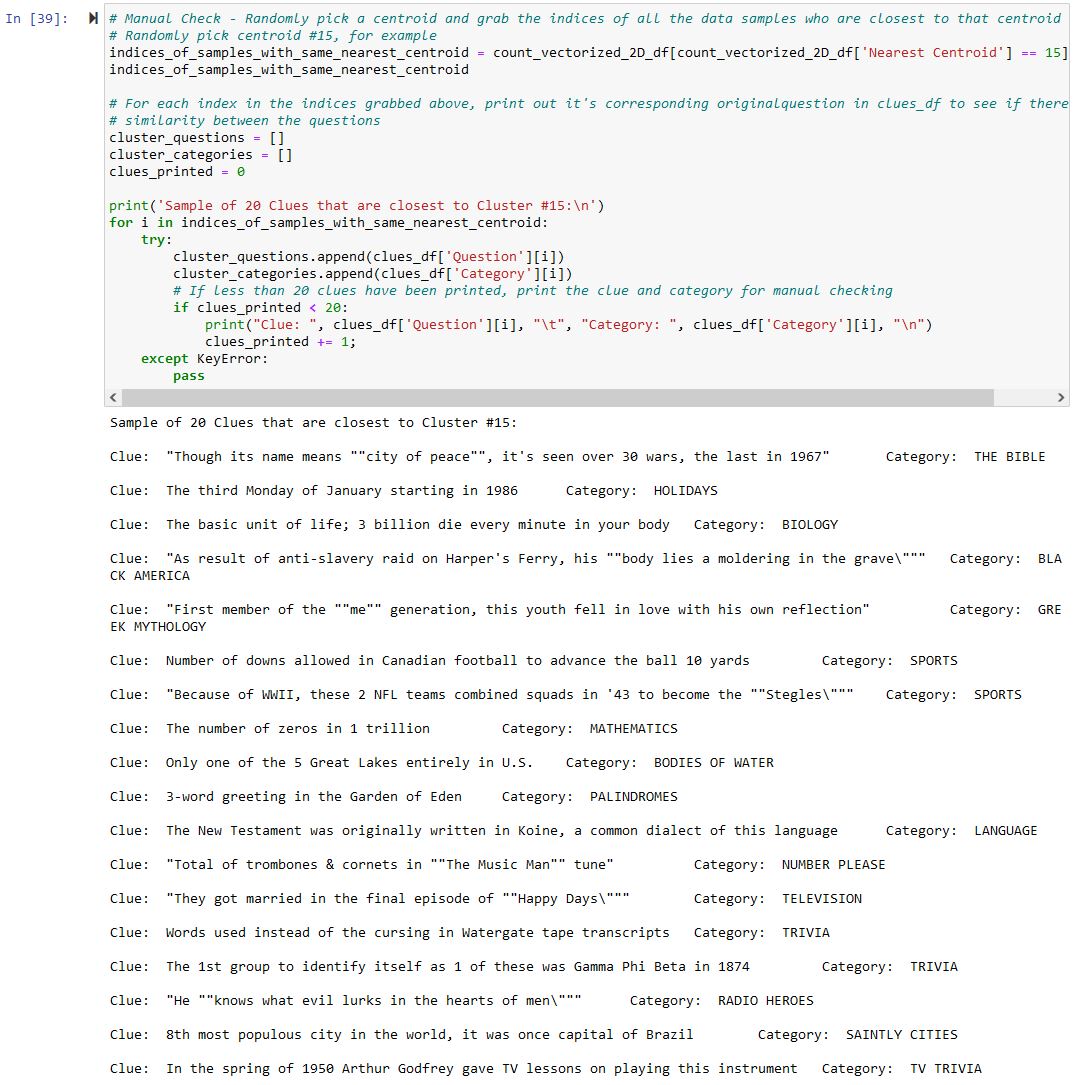 Jeopardy! Clues Clustering - K-means Manual Cluster Check