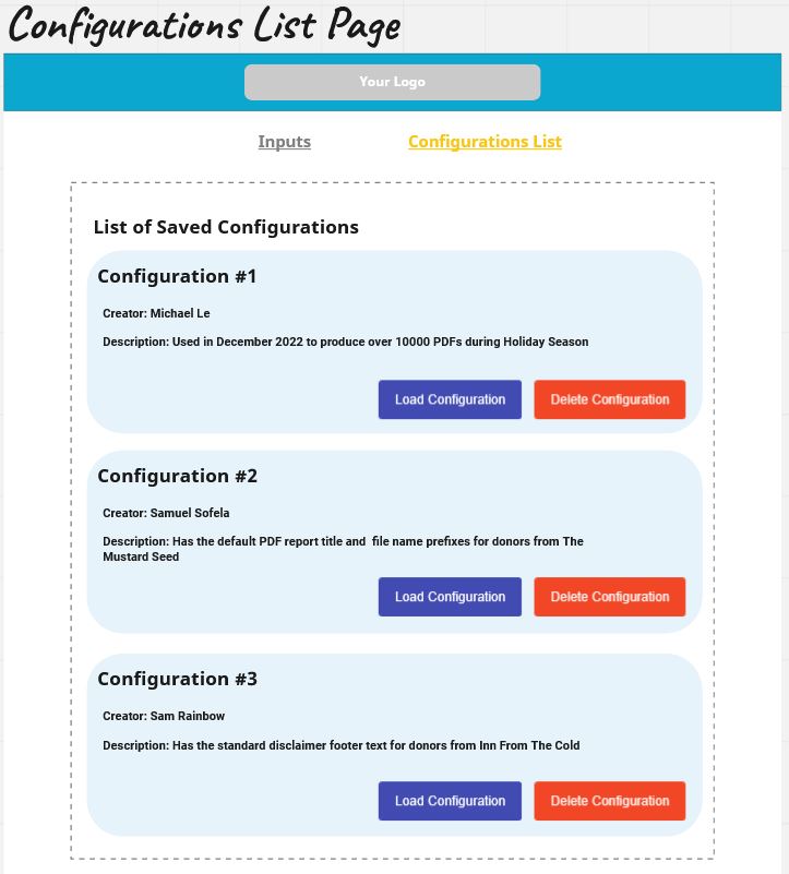 Benevity PDF Application - Wireframe: Configurations List Page