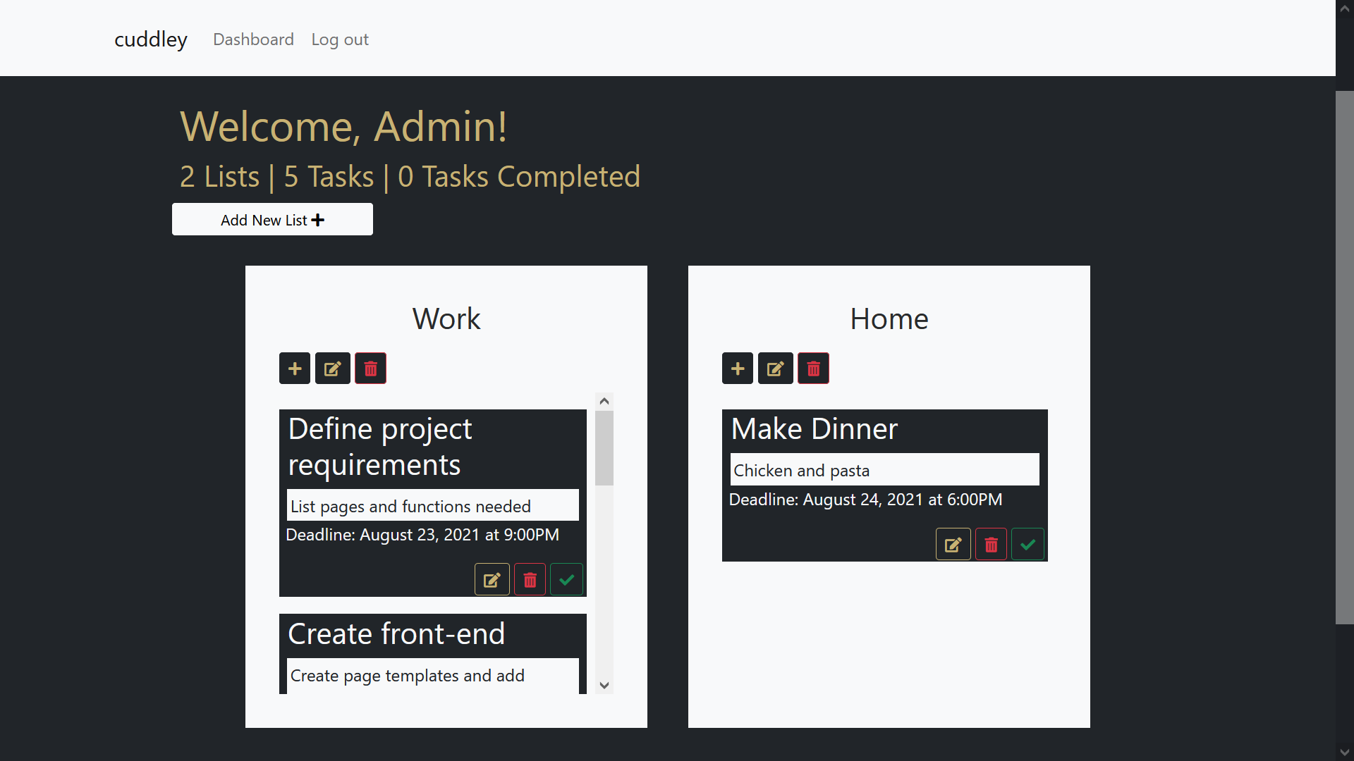 Cuddley Dashboard - Task Deleted