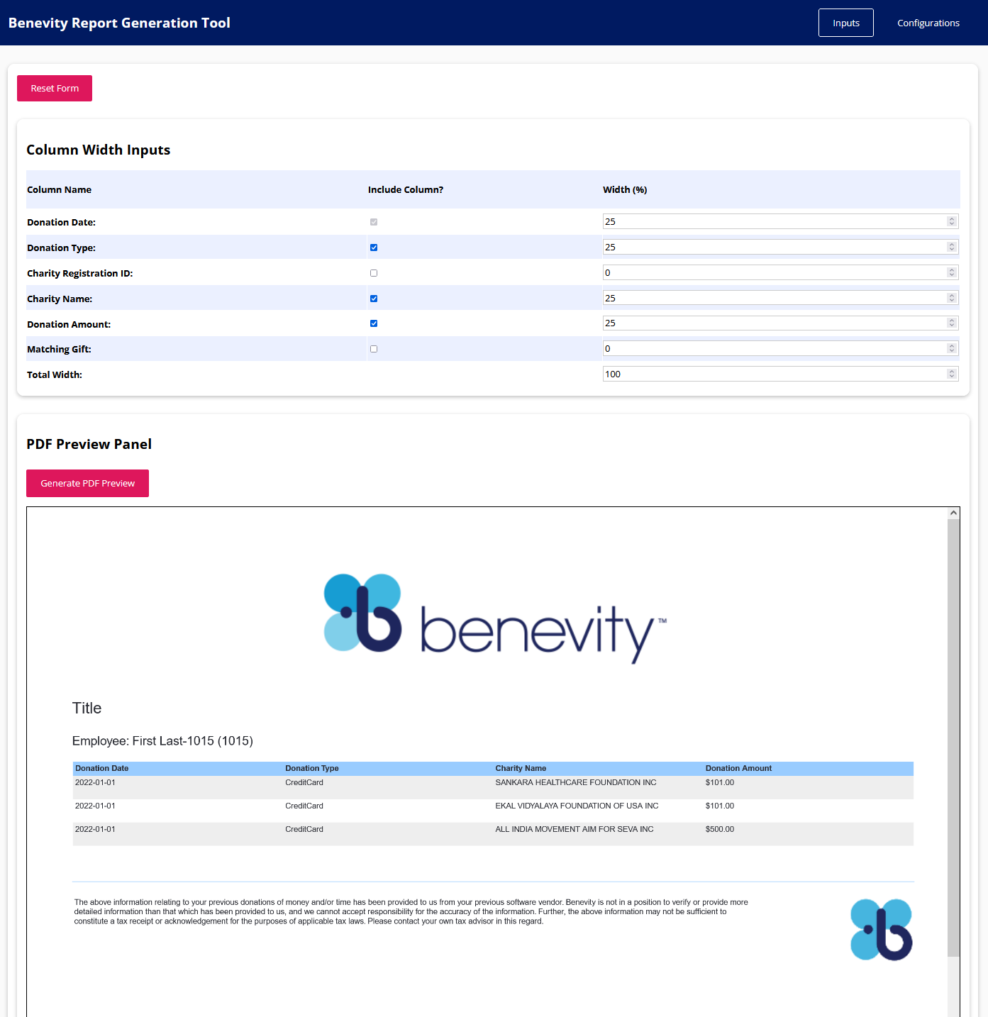 Benevity PDF Generator - PDF Preview Panel