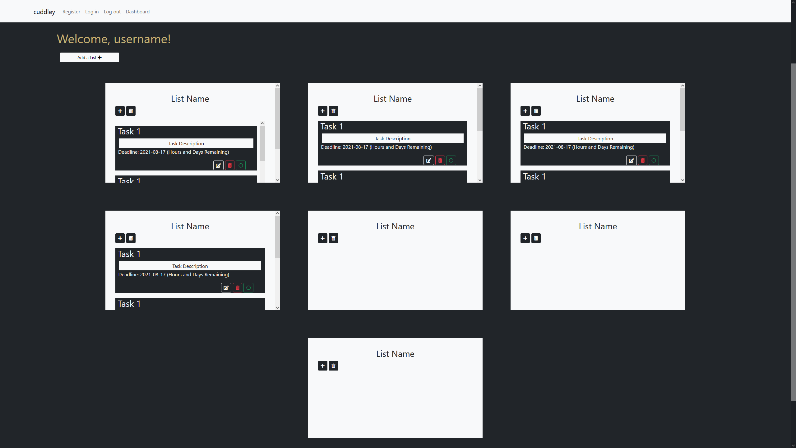 Cuddley Dashboard Page - In Progress