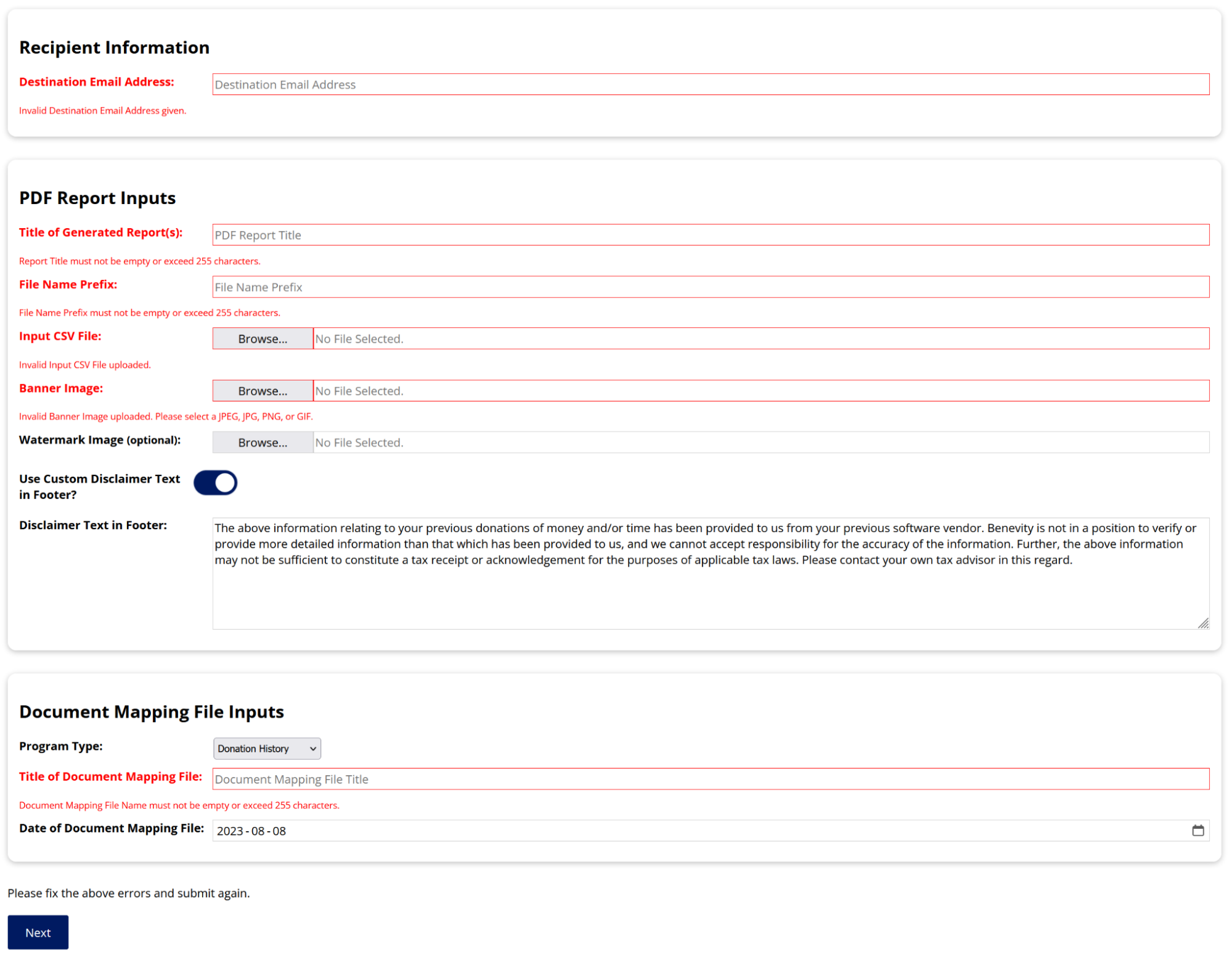 Benevity PDF Generator - ReportAndMapperInputs with Invalid Inputs