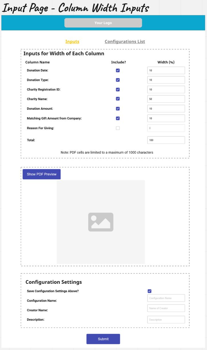 Benevity PDF Generator - Wireframe: Column Width Inputs