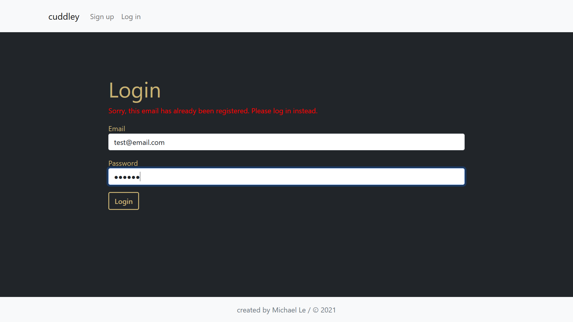 Cuddley Login Page - Redirected from Sign Up Page