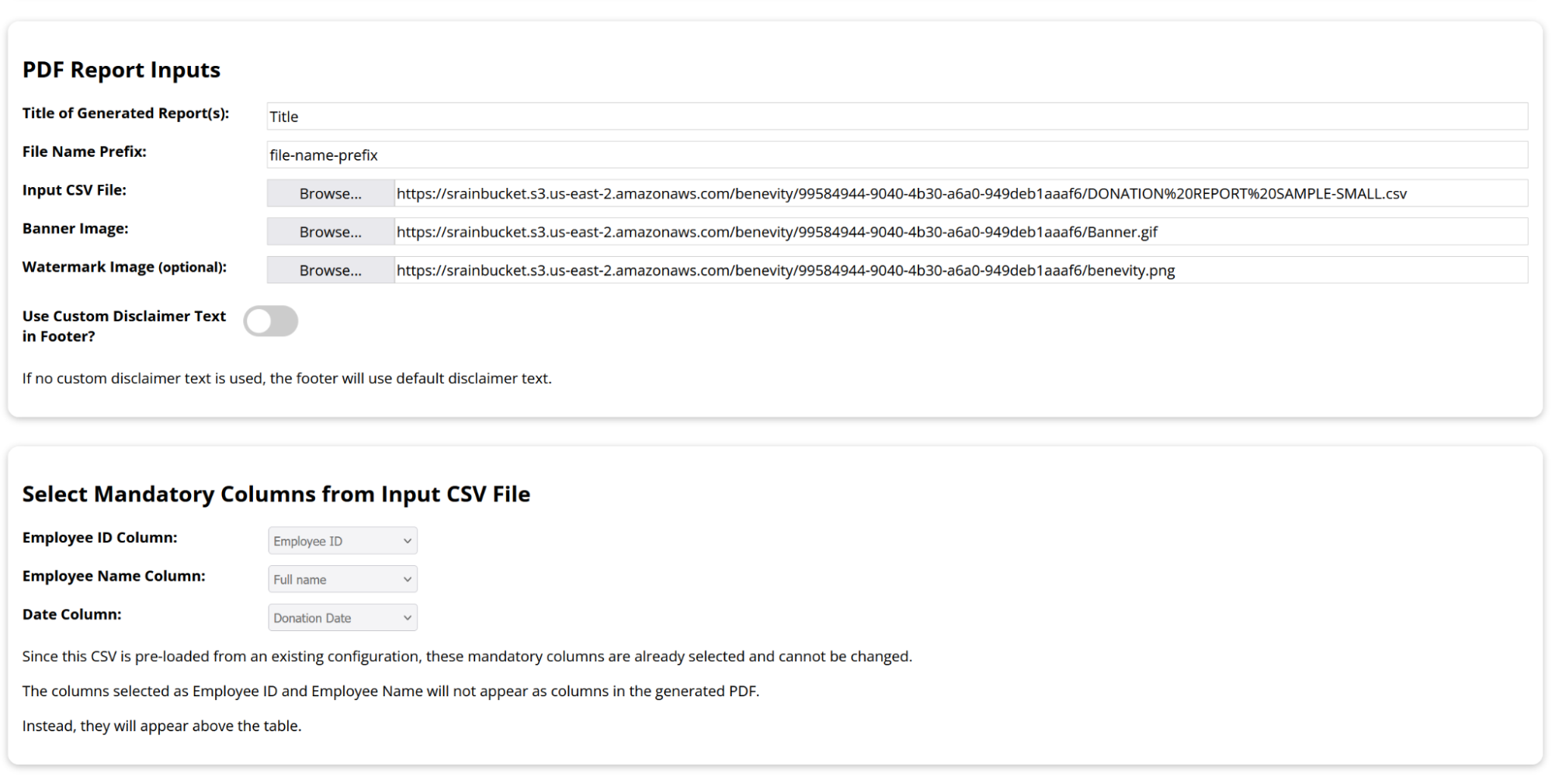 Benevity PDF Generator - Mandatory Column Section for a Loaded CSV Hyperlink Input