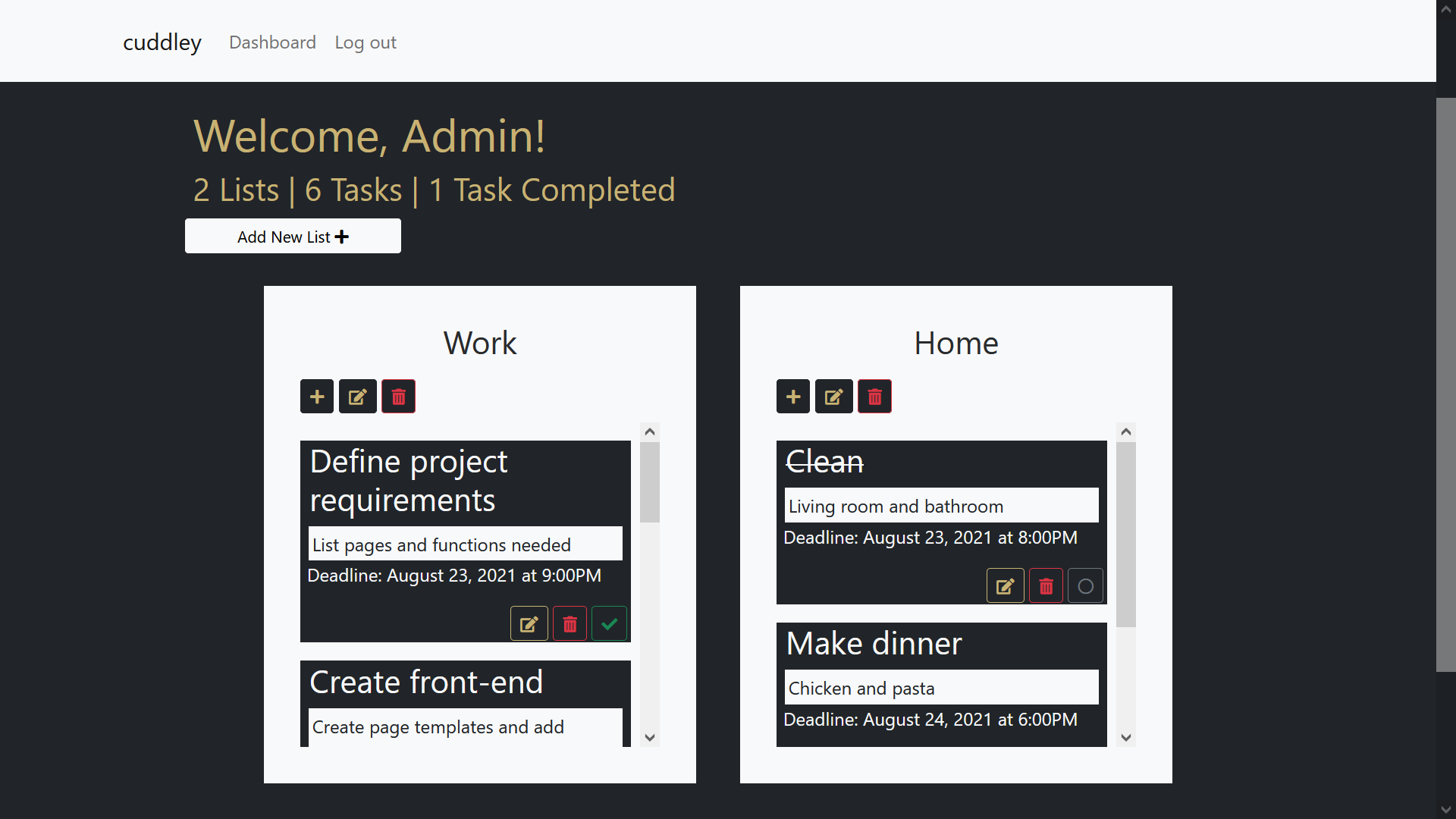 Cuddley Dashboard - Task Completed