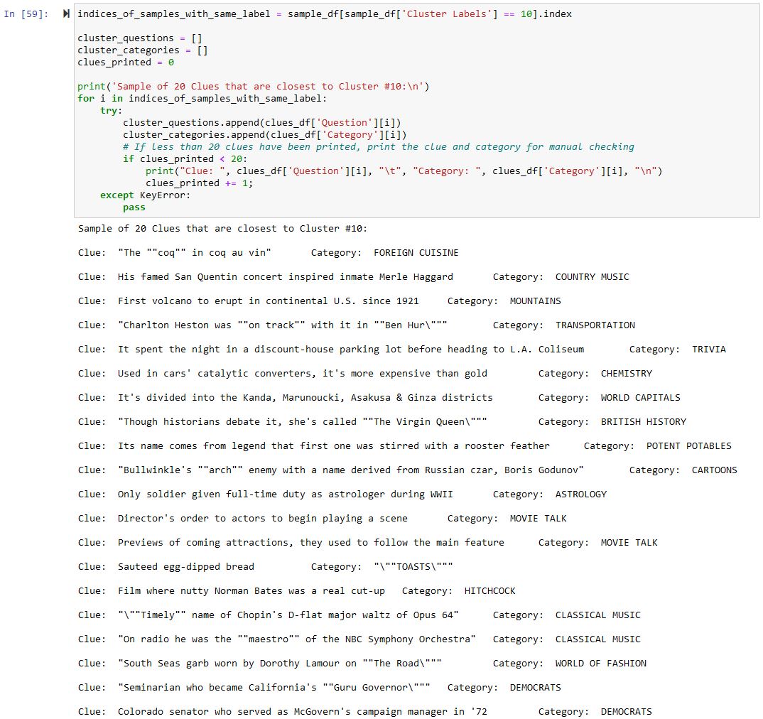 Jeopardy! Clues Clustering - DBSCAN Cluster Manual Check