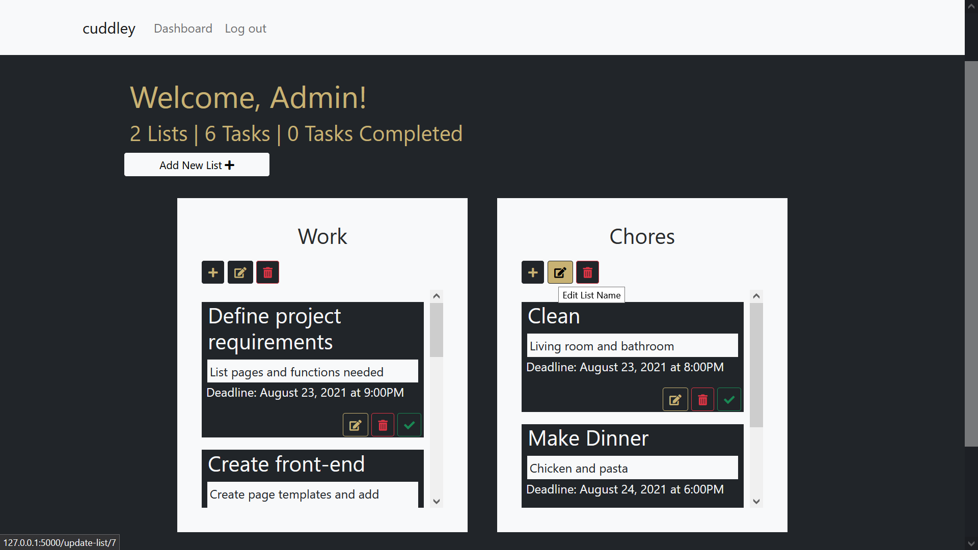 Cuddley Dashboard - Two Lists