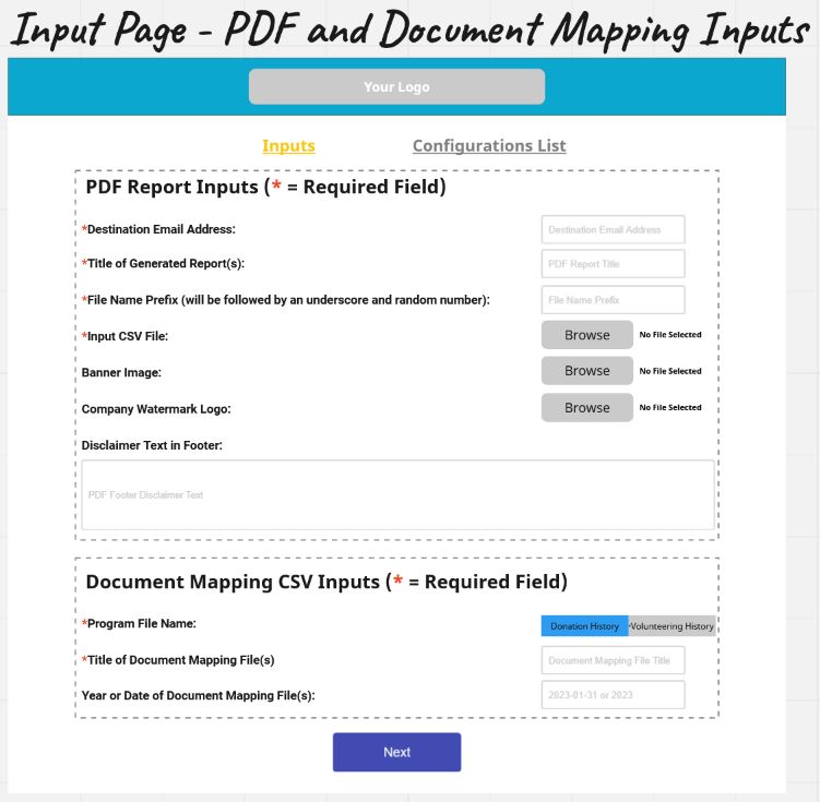 Benevity PDF Generator - Wireframe: PDF and Document Mapping Inputs