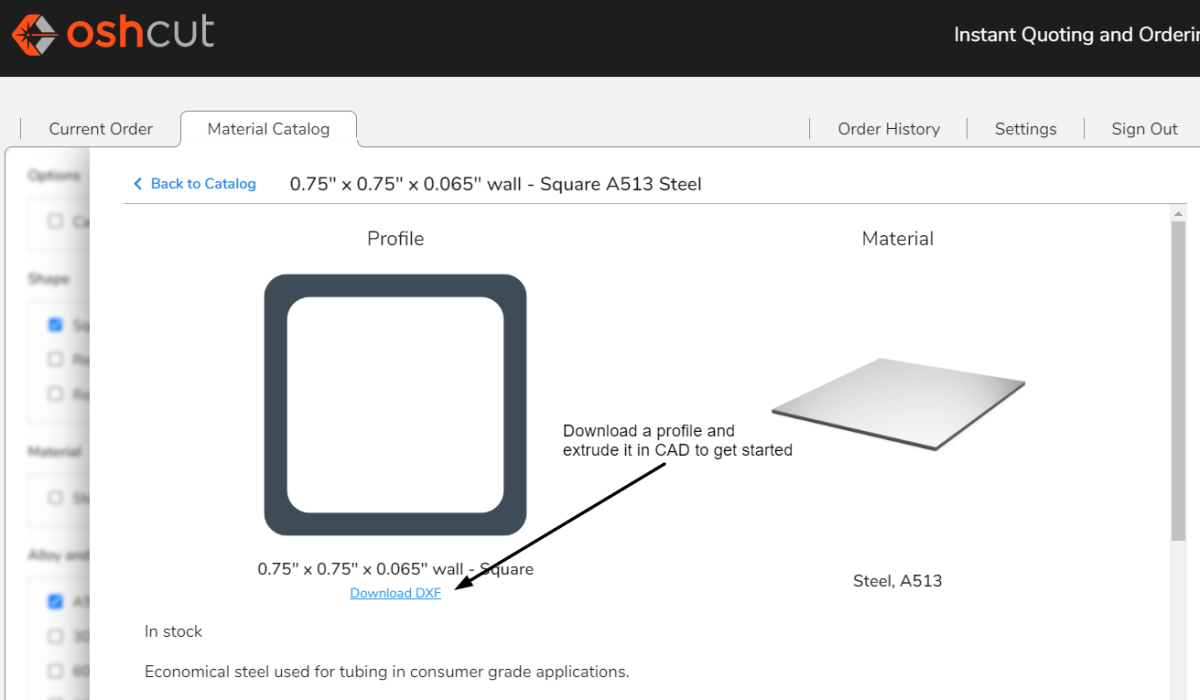 Choose a material profile and download its DXF to get started
