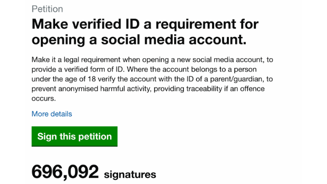 The 'Track a Troll' petition has now grown to over 696,000 signatures. (Credit: UK Government and Parliament - petitions)
