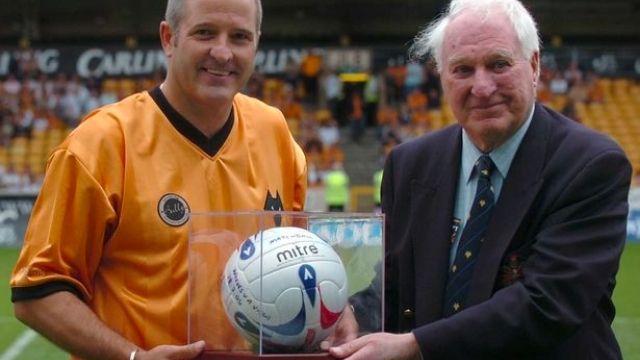 Sir Jack Hayward presents Steve Bull with the match ball. Image credit: Birmingham Mail.