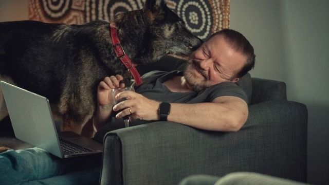 Ricky Gervais as Tony Johnson with Brandy the Dog. Image credit: Netflix.