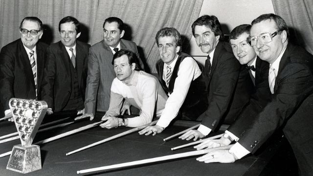 Dennis Taylor (far right) the World Champion snooker player surrounded by other famous players. Image credit: Wst.tv