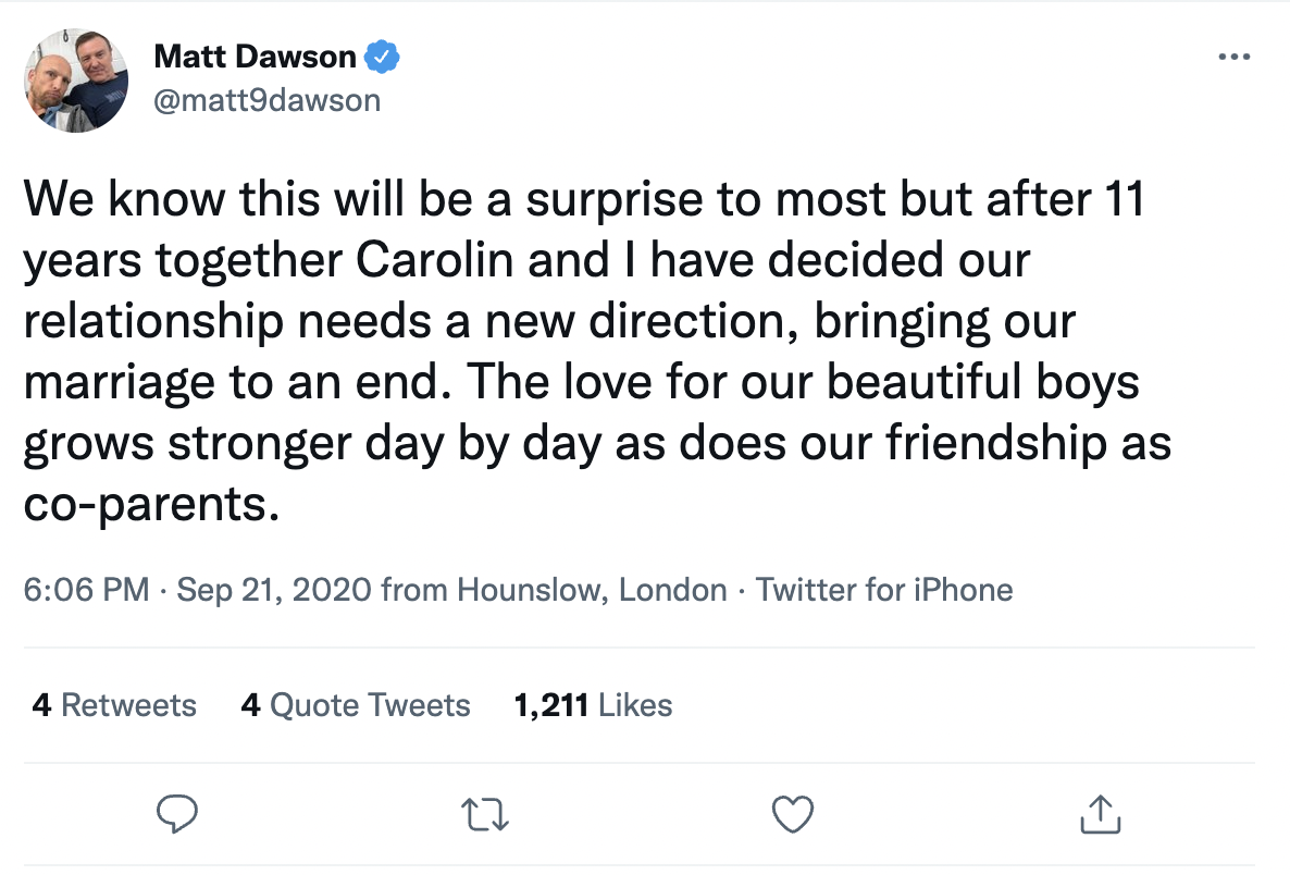 Matt tweets the announcement to his “dear friends”.  Image credit: Twitter/Matt Dawson.