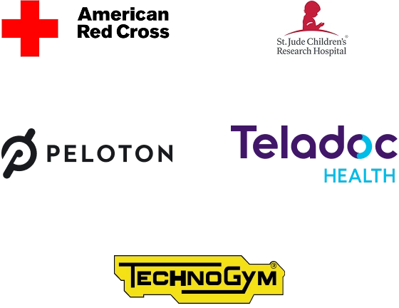 A group of logos including American Red Cross, St. Jude Children’s Research Hospital, Peloton, Teladoc Health, Technogym