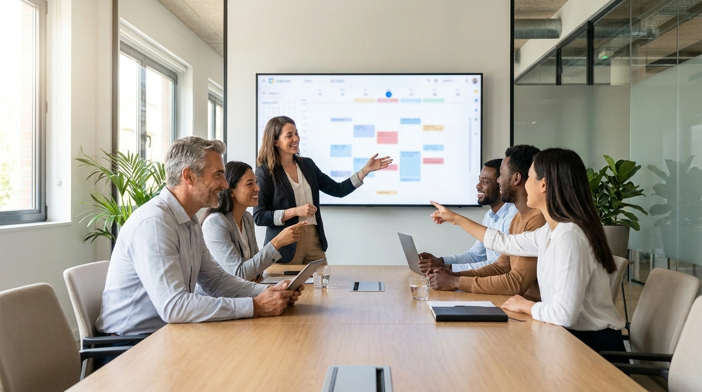 A diverse group of professionals in a modern conference room planning an annual conference with a digital calendar display.