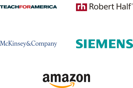 A group of logos including Amazon, Siemens, McKinsey & Company, Teach For America, Robert Half