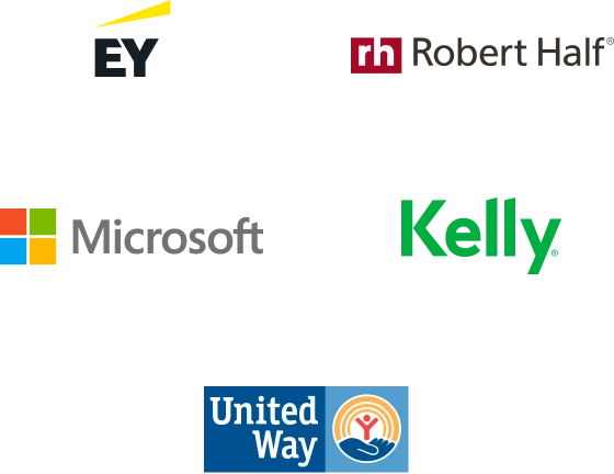 A group of logos including Ernst & Young (EY), Robert Half, Microsoft Corporation, Kelly Services, United Way Worldwide